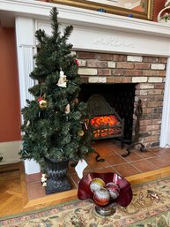 Faux Christmas Tree With Ornaments In Composite Black Planter & Red Bowl