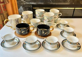 2 Mugs, Set Of 6 Demitasse Cups, 7 Everyday Teacups & 2 Black & Gold Cups With Wooden Saucers