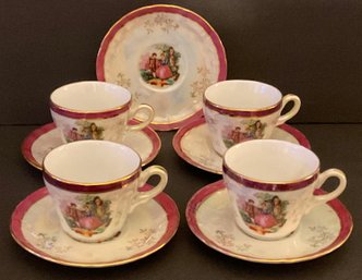 Vintage Pastoral Medallion Scene, 4 Demi Tasse Cups & Saucers
