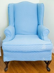 Lovely Slipcovered Chippendale Wing Chair With Sky Blue Quilted Fabric And Dark Wood Base/legs