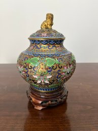 Chinese Cloisonne Lidded Urn & Wooden Base