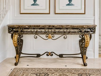 19th C. Inspired Venetian Or French Style Emperador Marble Top Foyer Console With Gold Leaf Accents