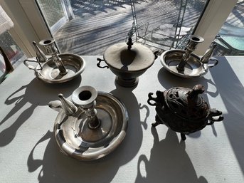 Chrome Candlesticks, Pewter Covered Dish, Misc Covered Dish