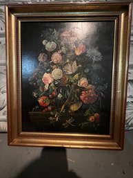 Oil On Board, Floral, Framed In Gilt Colored Frame