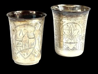 Pair Of Antique 84 Silver Beakers / Kiddush Cups - Engraved Architectural & Foliate Motifs