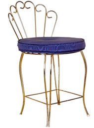 Vintage Brass Vanity Stool With Blue Cushion