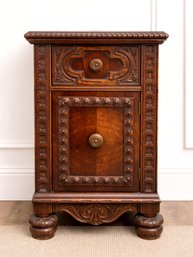 Antique Carved Figured Mahogany Veneer Flame/Crotch Pattern Nightstand - Westport
