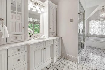 A Custom Crafted Wood Vanity With Marble Top - Light Fixture - Her Bath