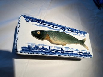 German 'Heringe' Covered Marinade Box, Blue And White, W/fish And Name