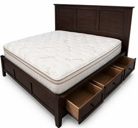 King Size Dark Walnut Storage Platform Bed With Paneled Headboard & Six Drawers