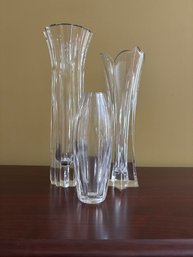 Art Deco  3-Piece Modern Crystal Fluted Vase Set Gorham German Crystal Tall Ribbed Trumpet Top