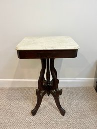 Small Vintage Marble End Table With Wooden Base