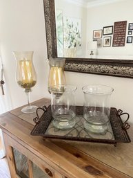 Pair Of Pedestaled  Clear Glass & Pair Of Tumbler Style Hurricane Candle Holders & Metal Tray