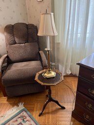 Vintage Pedestaled Table With Leather Surface, Wood Frame & Table Lamp