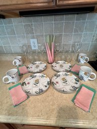 Breakfast At Tiffany, Botanical Garden Set Of 4 With Napkins, Candles And Wine Stems, Single Serve Wine Decant