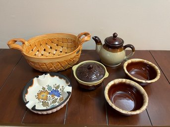 Stoneware Teapot And Bowls, Ceramic Basket, Hand Painted Ashtray From Holland