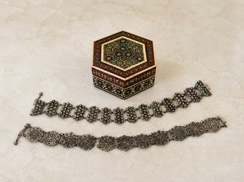 Vintage Middle Eastern Mosaic Inlay Box With Two Ornate Filigree Bracelets