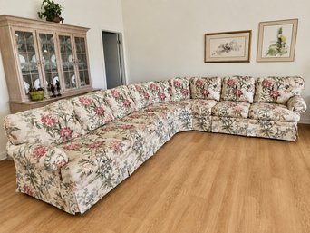 Custom Three-Piece Curved Sectional Sofa In Retro Botanical Upholstery
