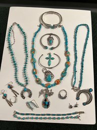Generous Lot Of Beautiful Turquoise, Sterling, Bangles, Beads Mixed With Oyster Jade