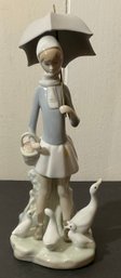 Lladro #4510 Girl Holding Umbrella, Ducks & Geese Figurine.