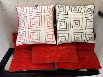 Burnt Orange/red Velour Fabric Pillows, With Black & Beige And Red And Beige Additional Side Pillows