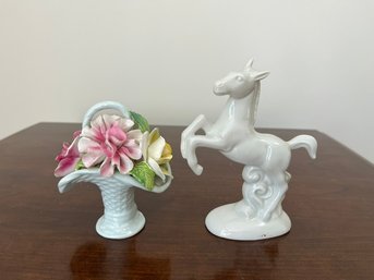 Vintage Edles Pferd Wagner & Apel Porcelain Figure Of A Horse & Staffordshire Flower Basket