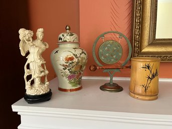 Composite Figurine, Porcelain Lidded Jar, Brass Bong & Bamboo Cup