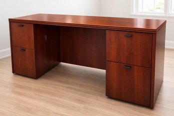 Campaign Style Double Pedestal Desk With Side File Drawers And Cherry Veneer
