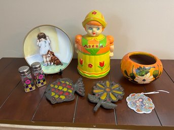 Vintage Cookie Jar From Japan, Pumpkin Planter, Hamilton Collection Plate & Trivets