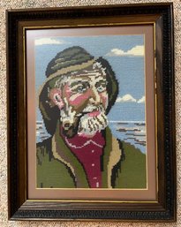 Framed Handmade Needle Point Of Fisherman