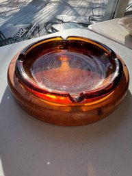 Cigar And/or Cigarette Ashtray In Wooden Base, Amber Glass, Nice Condition!
