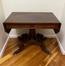 Antique Drop Leaf Table With Wood Inlay & Brass Claw Feet