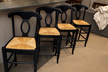 Set Of 4 Pottery Barn Style Counter Stools With Rush Seat And Black Trim