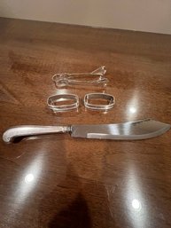 Sterling Silver Webster Ca. 1960 Knife, 2 Napkin Rings, Sugar Tongs