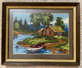 Framed Handmade Needle Work Of A Cabin By The Lake