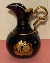 Antique Limoges Castel Cobalt Blue, Black & Gold Gilded Pitcher
