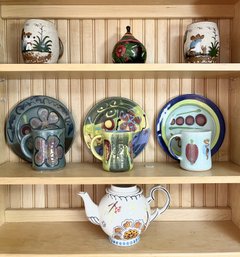 Dutch Wax Tea Pot, 3 Signed Plates With Mugs, Southwest Mugs & Mexican Hand Painted Gourd