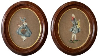 Pair Of Vintage Framed Needlepoint Silhouettes - Oval Wood Frames - Colonial Style Figures