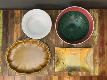 Ceramic Serving Bowls, Plater & One Decorative Gold Leafed Glass Dish