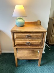 Vintage Oak Nightstand With 2 Drawers & Ceramic Lamp