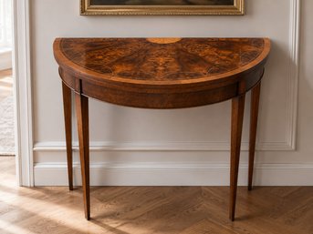 Vintage Hepplewhite-esque Demilune Fold Over Card Table Finished In Burled Walnut With Satinwood Inlay
