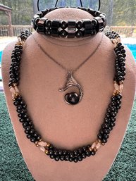 Hematite- Braided Beads With Biwa Pearls, Sterling Rope Chain 18', Beaded Bracelet