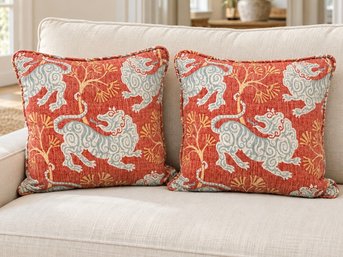 Pair Of Chinoiserie Accent Pillows In Lion Dance Fabric By P/Kaufmann Dynasty Collection