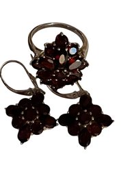 Sterling Silver With Garnet Floral Ring And Drop Earrings