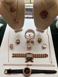 Sterling Silver With Pink Gold Overlay, With Pearls, Garnets, 2 Watches,