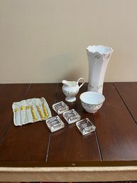 Gold Toned Appetizer Forks, 4 Salt Celars, Shamrock Vase & Pitcher