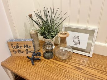 Decorative Faux Planter, 'take Me To The Sea' Retro Sign, Framed Bird, Vase, Bottle Of Sand