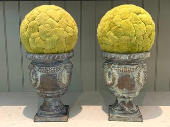 Pair Iron Urns With Decorative Faux Topiary Balls