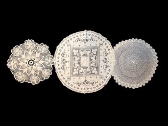 Trio Of Vintage & Antique Hand-Crocheted Round Table Toppers 20', 24' & 28'