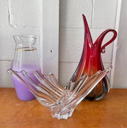 MCM 'sommerso' Murano Glass Vase, Winged Italian Vannes Crystal Vase, Frosted MCM Lavender Pitcher